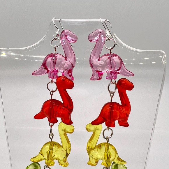 Dinosaur Chain Earrings - Toy Earrings - Rainbow Earrings - Long Earrings - Picture 3 of 11
